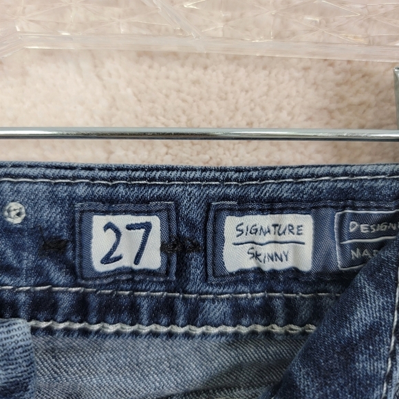 Miss Me Signature Skinny Bling Distressed Pockets Low Rise Denim Blue Jean Sz 27 - Picture 13 of 15